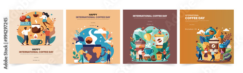 Set of Editable International Coffee Day Instagram Social Media Post Banner Design. International Coffee Day Vector Illustration Art Design. Celebrate world Coffee day banners, Post, Ads, Promotion.