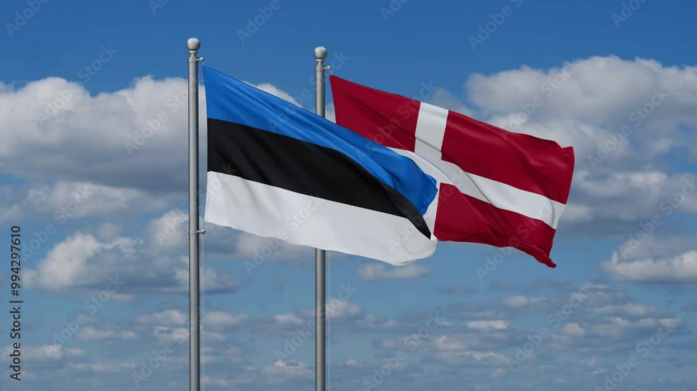 Denmark and Estonia flags flying together, video concept of the relationship, two country relations concept Denmark and Estonia flags flying together, video concept of the relationship, two country relations concept