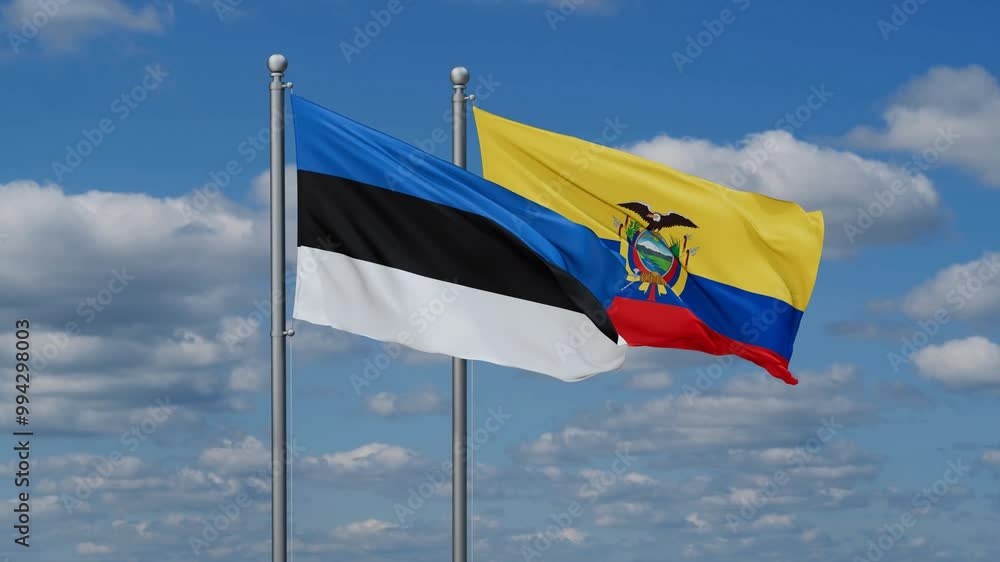 Ecuador and Estonia flags flying together, video concept of the relationship, two country relations concept Ecuador and Estonia flags flying together, video concept of the relationship, two country relations concept