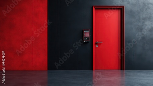 Bold red door in a minimalistic design set against a modern, sleek dark wall. Features a digital keypad lock, suggesting security, modernity, and sophistication. photo