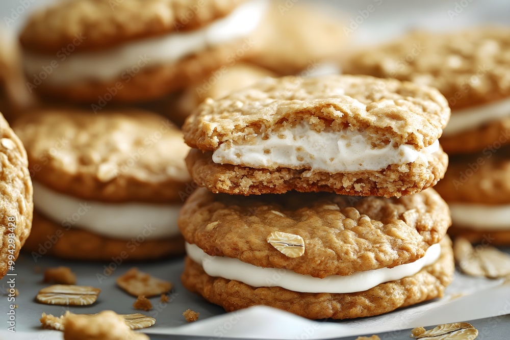 Oatmeal Creme Pies, Thick Layer Of Creamy Filling Oozing From The Sides, Golden-brown Cookies, Dessert Food Photography, Dessert Menu Style Photo Image Oatmeal Creme Pies, Thick Layer Of Creamy Filling Oozing From The Sides, Golden-brown Cookies, Dessert Food Photography, Dessert Menu Style Photo Image