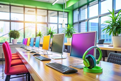 Isolated Call Center Workspace with Headset, Computer, and Telephone on a Minimalist Desk Setup