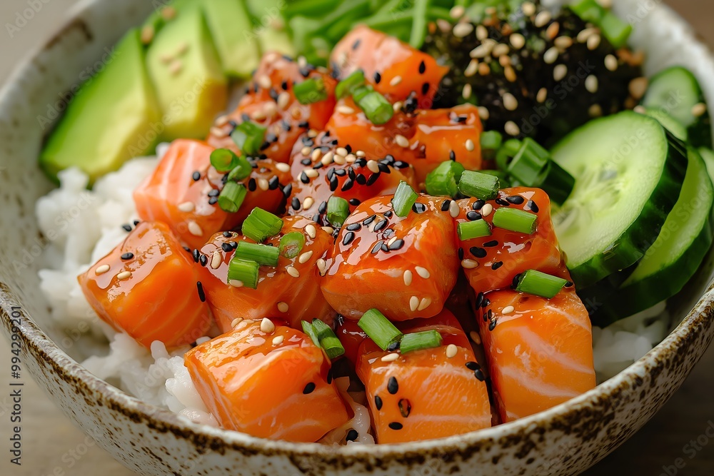 Salmon Poke Bowl, Cubed Sushi-grade Salmon With A Light Soy-lemon Marinade, Scattered Over A Bed Of Fluffy Sushi Rice, Slices Of Avocado And Cucumber, Food Photography, Food Menu Style Photo Image Salmon Poke Bowl, Cubed Sushi-grade Salmon With A Light Soy-lemon Marinade, Scattered Over A Bed Of Fluffy Sushi Rice, Slices Of Avocado And Cucumber, Food Photography, Food Menu Style Photo Image