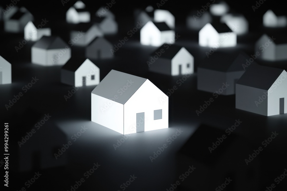 Abstract houses illuminated in white, against a dark background, 3D rendering illustration One house is highlighted with a light and shadow effect Generative AI Abstract houses illuminated in white, against a dark background, 3D rendering illustration One house is highlighted with a light and shadow effect Generative AI