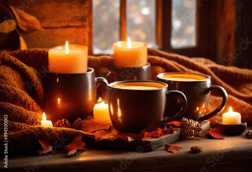 cozy mugs overflowing steaming spiced beverages surrounded warm textiles ambient light, beverageware, drink, coffee, cocoa, cinnamon, cloves, refreshments