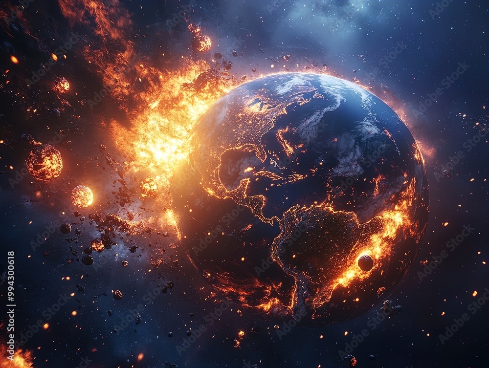 Stunning Cosmic Imagery: A Burning Earth Amidst Glowing Asteroids - Perfect for a Striking Sporting Interior Poster! Stunning Cosmic Imagery: A Burning Earth Amidst Glowing Asteroids - Perfect for a Striking Sporting Interior Poster!
