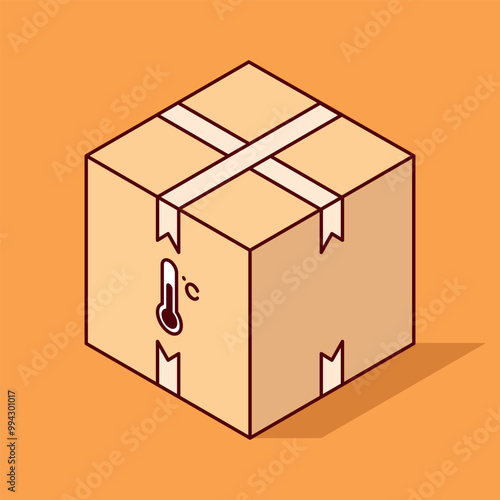 Isometric Cardboard Box with Temperature Tag on Isolated Background ready to print