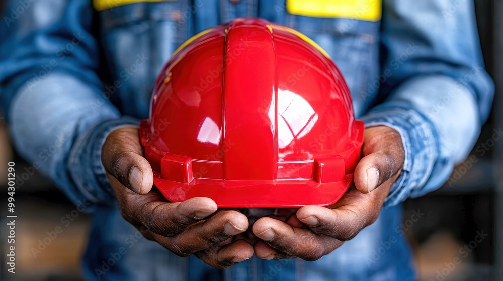 Red hard hat held by a worker, symbolizing safety in construction and industrial work. Red hard hat held by a worker, symbolizing safety in construction and industrial work.