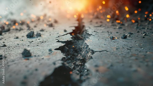 An intense earthquake shakes the urban landscape, splitting the ground and sending debris flying