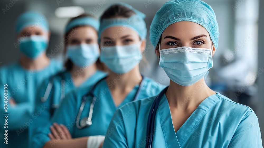group of doctors in protective scrubs and masks, working in a clinical setting, prepared for medical procedures with a focus on healthcare safety, hygiene, and patient treatment group of doctors in protective scrubs and masks, working in a clinical setting, prepared for medical procedures with a focus on healthcare safety, hygiene, and patient treatment