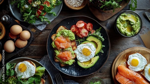 Healthy breakfast spread with eggs, avocado, salmon, and fresh greens on a dark wooden table.