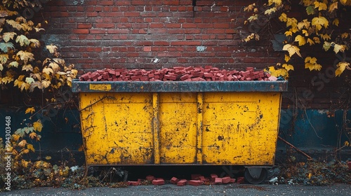 red bricks filling a yellow dumpster in an industrial setting, illustrating debris removal, building renovation, and project cleanup using heavy construction equipment