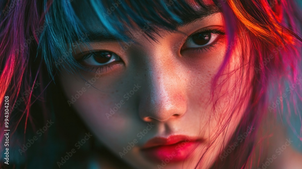 Artistic close-up of an Asian person with colorful hair, moody lighting Artistic close-up of an Asian person with colorful hair, moody lighting