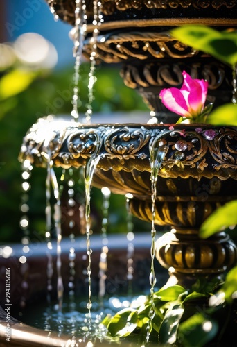 stunning close glimmering water droplets cascading from beautiful fountain under sunlight, blue, crystal, clear, bright, shimmer, sparkling, reflection photo