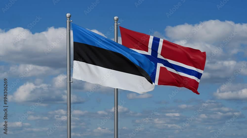 Norway and Estonia flags flying together, video concept of the relationship, two country relations concept Norway and Estonia flags flying together, video concept of the relationship, two country relations concept