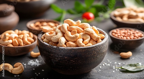 There is a bowl of cashew nuts on the table, some scattered around it and others in the background. Cashews have an attractive brown color and are very fresh and refreshing with a delicious saltiness 