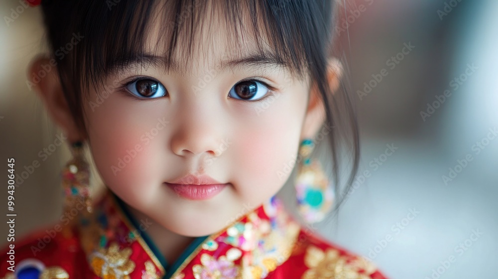 Asian child with traditional attire, detailed focus on expression Asian child with traditional attire, detailed focus on expression