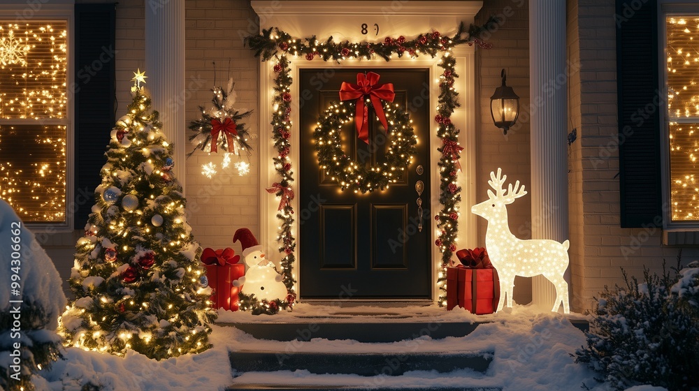 A charming home entrance decorated with a festive wreath, string lights, and red bows. Snow gently covers the ground, while glowing reindeer and other outdoor decorations add to the holiday magic. A charming home entrance decorated with a festive wreath, string lights, and red bows. Snow gently covers the ground, while glowing reindeer and other outdoor decorations add to the holiday magic.