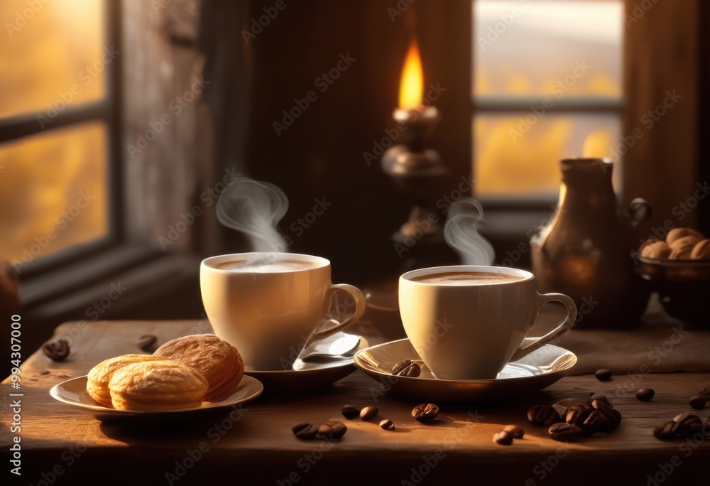 cozy inviting coffee setup steam rising from cups wooden table surrounded warm atmosphere, artistry, aesthetic, barista, brew, beverage, casual, cafe, ceramics cozy inviting coffee setup steam rising from cups wooden table surrounded warm atmosphere, artistry, aesthetic, barista, brew, beverage, casual, cafe, ceramics