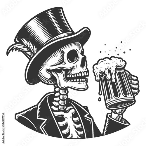 skeleton in a top hat drinks frothy beer mug, playful, vintage vibe in black and white sketch engraving generative ai vector illustration. Scratch board imitation. Black and white image.