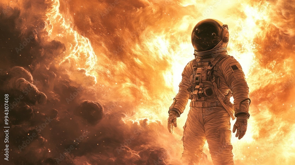 Astronaut Standing in Front of a Fiery Cosmic Nebula