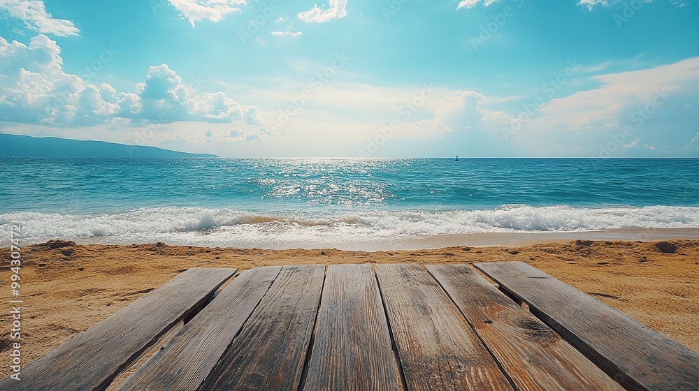Fototapeta premium wooden beach table next to the ocean, creating a scenic coastal setting with peaceful waves and a relaxing view of the horizon, perfect for outdoor enjoyment
