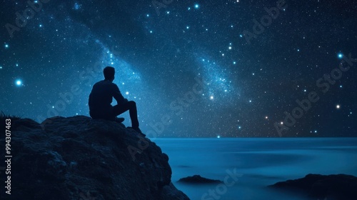 A Solitary Figure Gazing at a Starry Night Sky Above a Calm Ocean