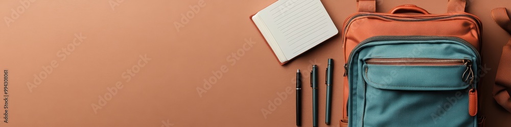Naklejka premium Colorful backpack with notebook and pens on a stylish surface, ideal for students and professionals, background with copy space
