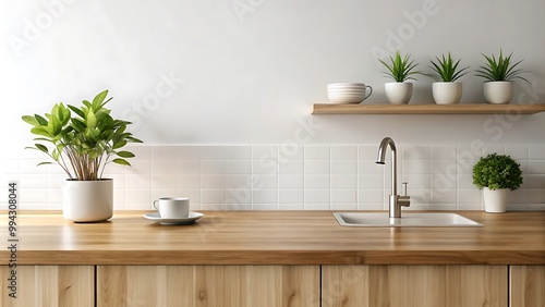 Minimalist Kitchen Countertop with Plant: Wooden Tabletop Mockup for Product Presentation