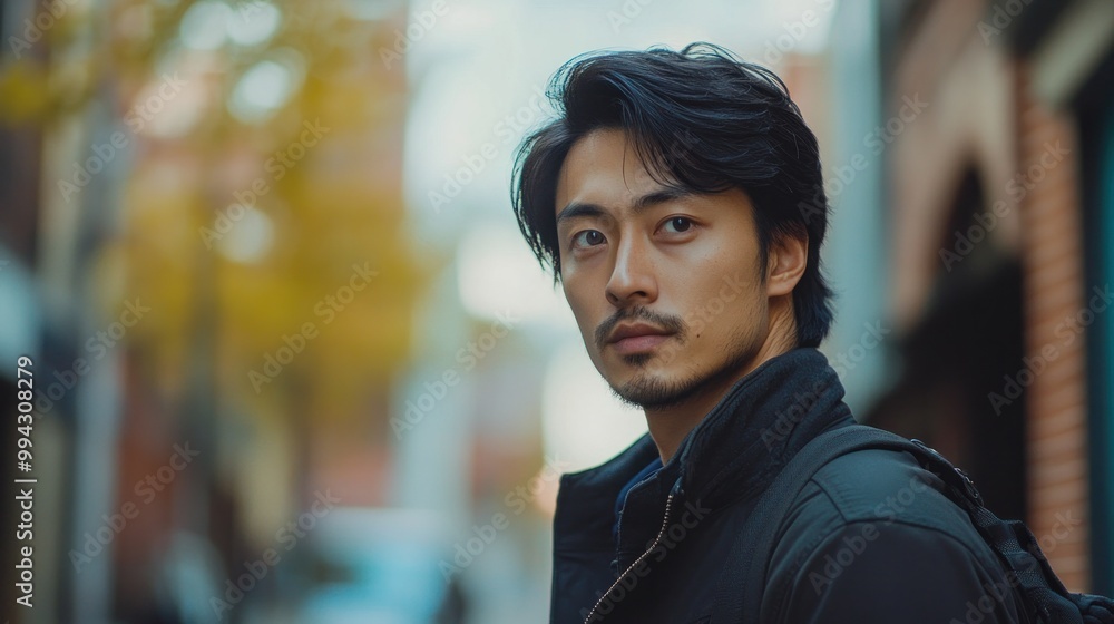 Asian man in modern urban environment, dynamic composition Asian man in modern urban environment, dynamic composition