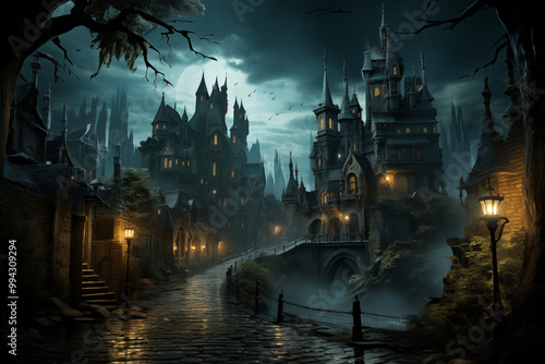 Mysterious gothic town, eerie and enchanting, illuminated by lanterns against a dark foggy backdrop