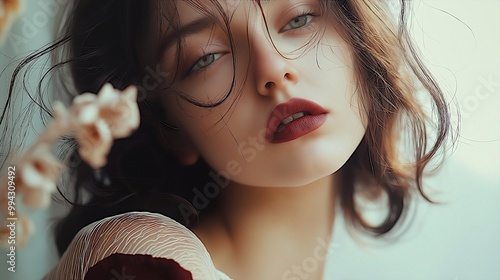 Passionate look of a girl with burgundy lipstick on her lips, a beautiful woman in soft shades, hair on her face, portrait of a young girl, wallpaper, beauty, advertisement photo