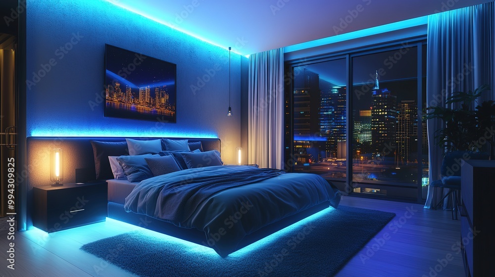 A bedroom with smart technology, including a connected thermostat, automated blinds, and ambient lighting A bedroom with smart technology, including a connected thermostat, automated blinds, and ambient lighting