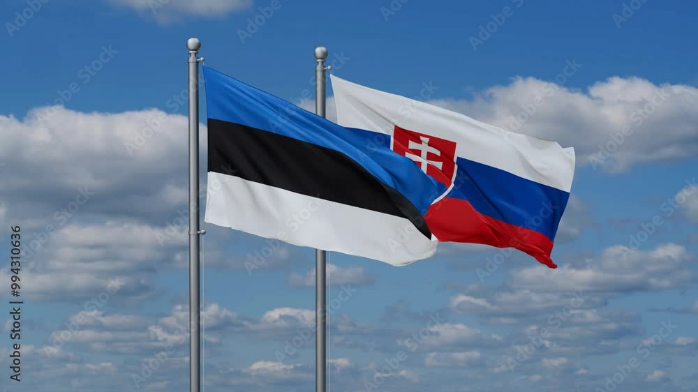 Slovak Republic or Slovakia and Estonia flags flying together, video concept of the relationship, two country cooperation concept Slovak Republic or Slovakia and Estonia flags flying together, video concept of the relationship, two country cooperation concept