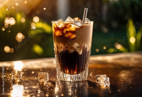 refreshing iced coffee crystal clear glass surrounded glimmering ice cubes bright background, cold, brew, drink, summer, beverage, sipper, aesthetics