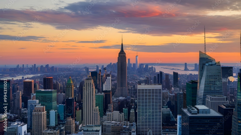 Fototapeta premium Majestic New York City Skyline at Sunset: A Breathtaking View Featuring Iconic Landmarks and Vibrant Sky Colors
