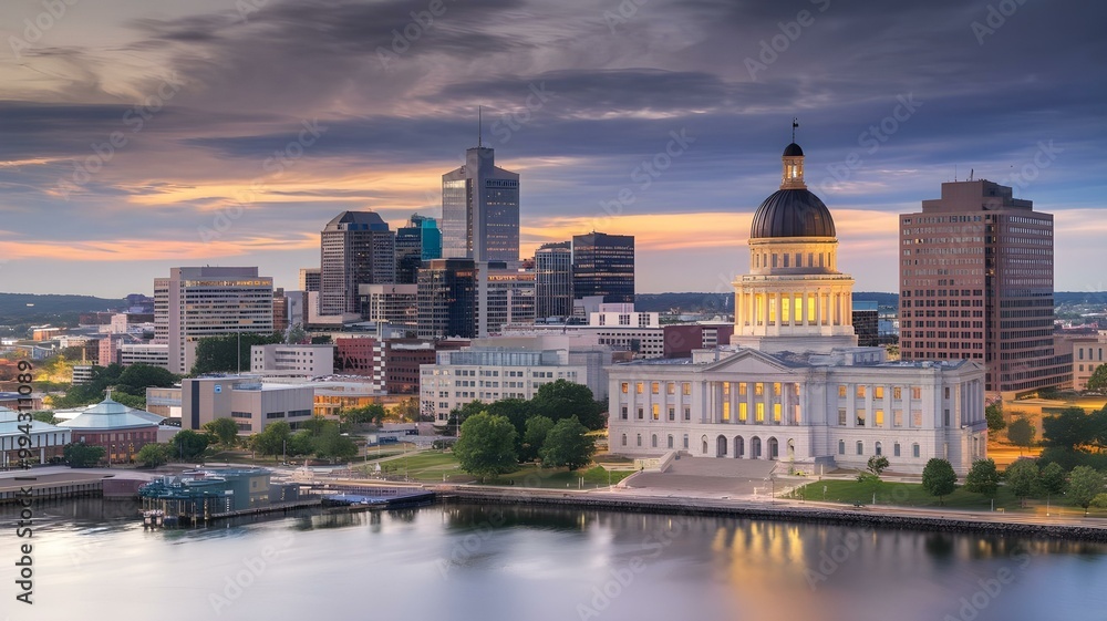 Obraz premium Stunning Twilight Cityscape: The Historic Capitol Building and Modern Skyline Reflected in the Serene Waters of the River