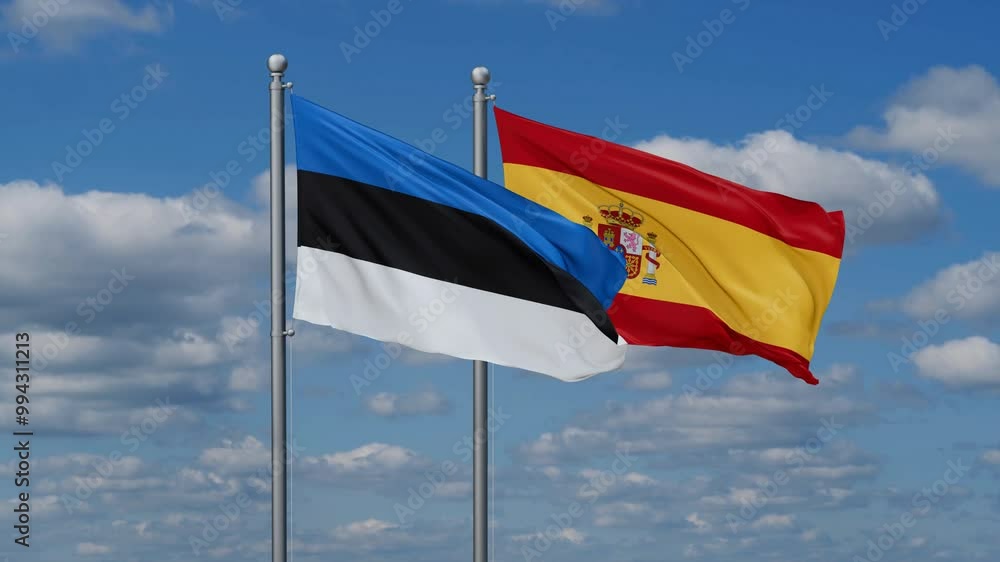 Spain and Estonia flags flying together, video concept of the relationship, two country cooperation concept Spain and Estonia flags flying together, video concept of the relationship, two country cooperation concept