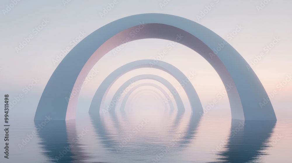 3D render of an abstract zen seascape featuring surreal geometric arches tranquil waters and a soft gradient sky creating a futuristic minimalist aesthetic 3D render of an abstract zen seascape featuring surreal geometric arches tranquil waters and a soft gradient sky creating a futuristic minimalist aesthetic