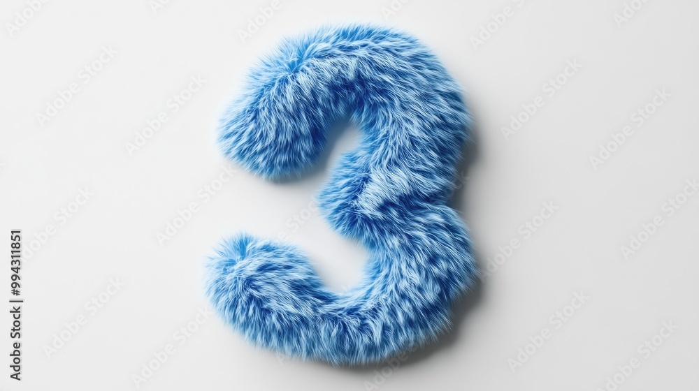 Adorable fur shaped number three in blue featuring short hair on a pristine white background creating a 3D illusion with a storybook aesthetic Adorable fur shaped number three in blue featuring short hair on a pristine white background creating a 3D illusion with a storybook aesthetic