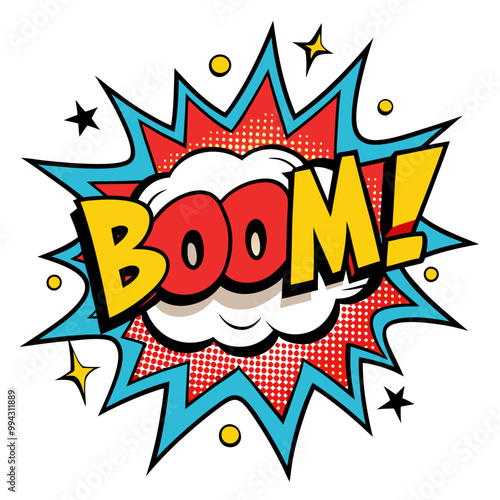 a comic-style explosion graphic with the word "BOOM!" in bold, colorful letters. The letters are yellow with a black outline and a red shadow effect. Behind the word is a white cloud-like shape