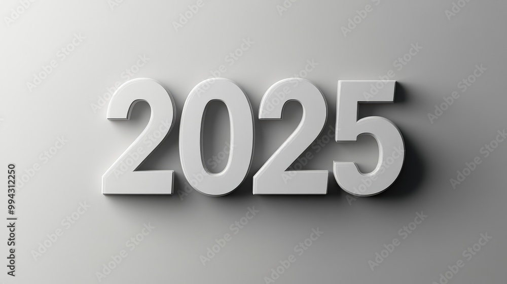 3D text design featuring 2025 on a light grey gradient background with shadow effect ideal for New Year themes 3D text design featuring 2025 on a light grey gradient background with shadow effect ideal for New Year themes