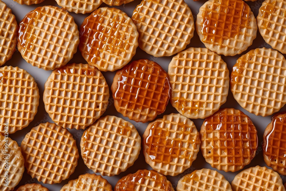 Pattern Of Tiny Stroopwafels With Syrupy Filling Oozing Out From Between The Layers, Dessert Food Photography, Dessert Menu Style Photo Image Pattern Of Tiny Stroopwafels With Syrupy Filling Oozing Out From Between The Layers, Dessert Food Photography, Dessert Menu Style Photo Image