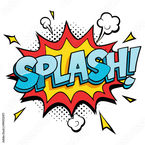 a comic-style graphic with the word "SPLASH!" in large, bold letters. The letters are blue with a black outline and have a three-dimensional effect. Behind the text, there is a bright yellow starburst