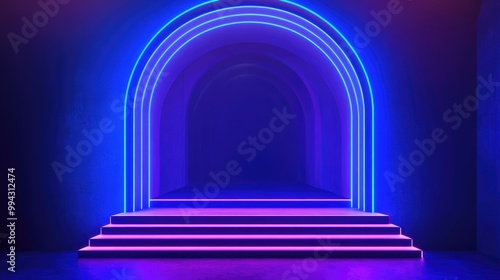 3D render of an abstract neon background featuring a glowing blue rounded arch and stairs designed for a performance stage showcasing an empty fashion podium illuminated by ultraviolet light