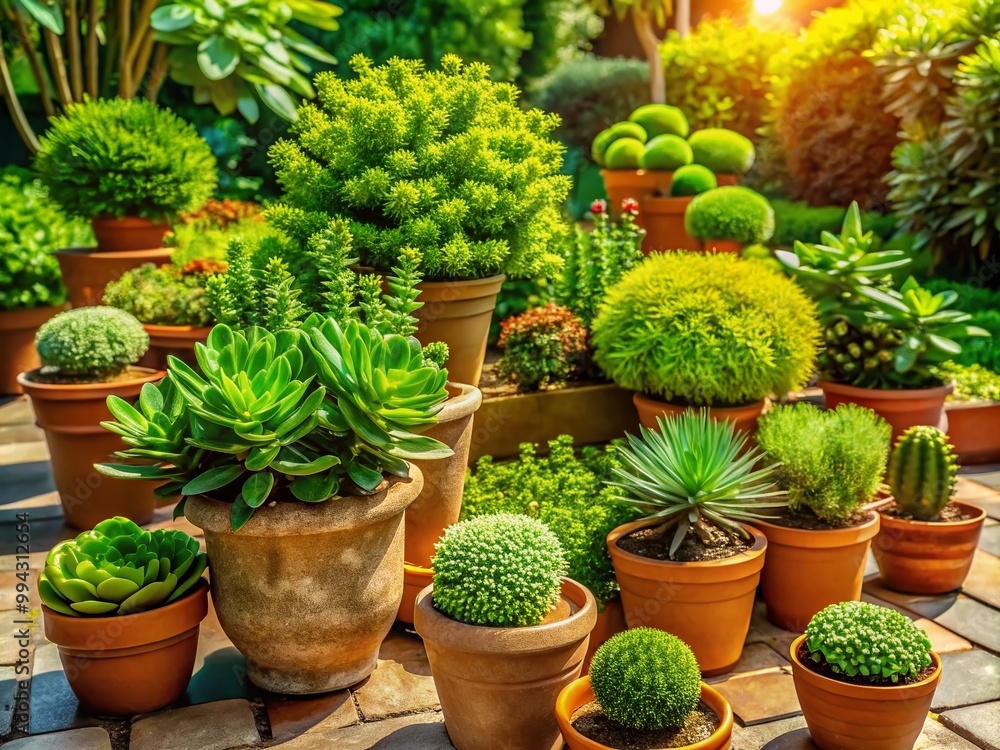 Lush Green Outside Potted Plants in Various Sizes and Shapes on a Sunny Day in a Beautiful Garden Lush Green Outside Potted Plants in Various Sizes and Shapes on a Sunny Day in a Beautiful Garden