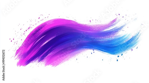 Digital illustration featuring a vibrant violet and blue neon brush stroke on a white background showcasing a dynamic watercolor smear and multicolor neon paint texture as a design element