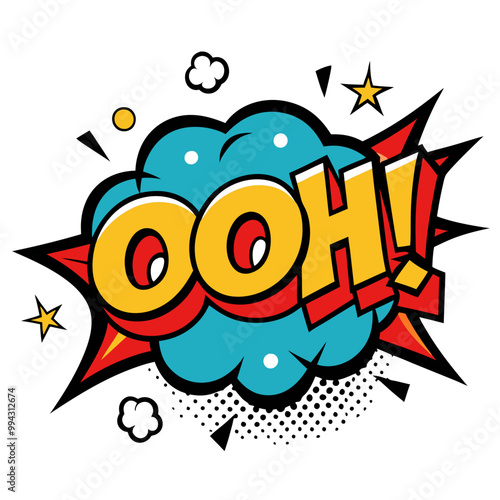 a colorful pop art-style graphic featuring the word "OOH!" in bold, yellow letters with a red outline. The text is set against a blue cloud-like shape with black outlines and is surrounded by comic-st