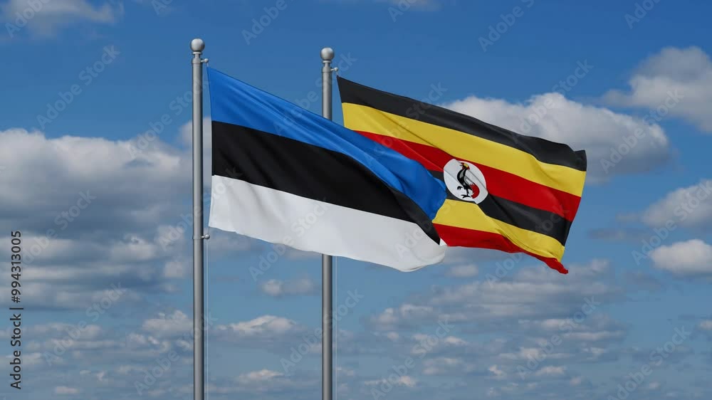 Republic of Uganda and Estonia flags flying together, video concept of the relationship, two country cooperation concept Republic of Uganda and Estonia flags flying together, video concept of the relationship, two country cooperation concept