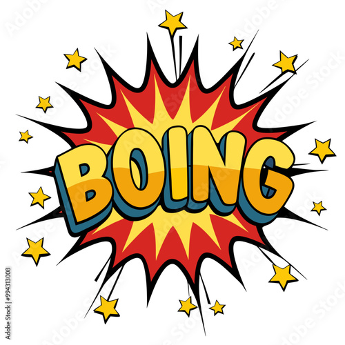 a comic-style graphic featuring the word "BOING" in large, bold, yellow letters with a blue outline. The word is set against a red and yellow explosion shape, reminiscent of a classic comic book sound